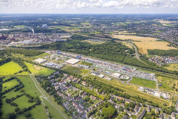 Aerial view, logport III (Drei) Hohenbudberg, Anssems trailer company building, Dahlingstraße terminal, distant view, Friemersheim, Duisburg, Ruhr area, North Rhine-Westphalia, Germany
