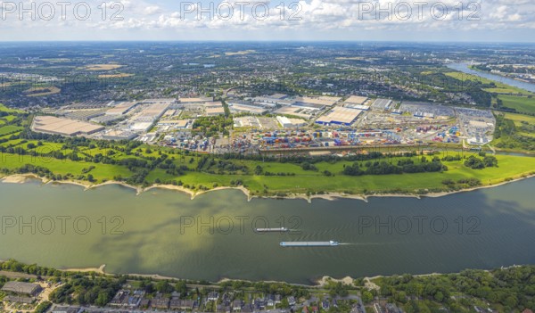 Aerial view, logport I (one) Rheinhausen with automobile logistics and container terminal, inland navigation on the river Rhine, Friemersheim, Duisburg, Ruhr area, North Rhine-Westphalia, Germany