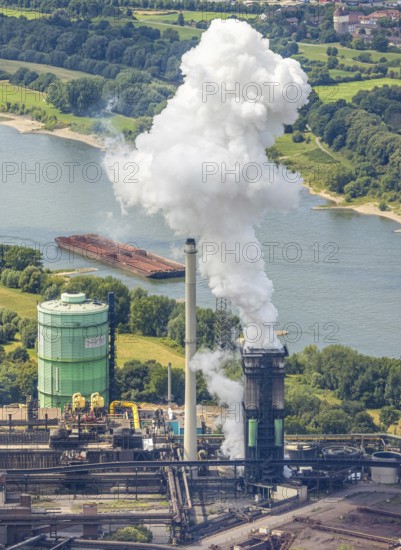 Aerial view, Hüttenwerke Krupp Mannesmann HKM, gasometer and river Rhine, smoke cloud, Hüttenheim, Duisburg, Ruhr area, North Rhine-Westphalia, Germany