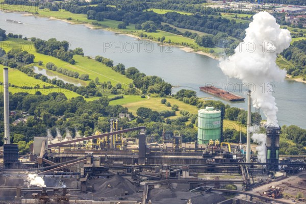 Aerial view, Hüttenwerke Krupp Mannesmann HKM, gasometer and river Rhine, smoke cloud, Hüttenheim, Duisburg, Ruhr area, North Rhine-Westphalia, Germany