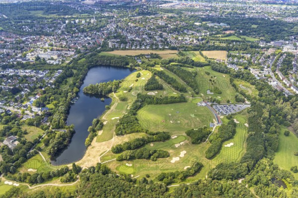 Aerial view, golf club and golf course Huckingen Nordplatz, golf meadow and bunker, Huckingen, Duisburg, Ruhr area, North Rhine-Westphalia, Germany