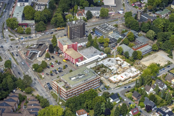 Aerial view, new building site Sittardsberg, road junction Sittardsberger Allee and Altenbrucher Damm, underground station, Hotel Sittardsberg, Buchholz, Duisburg, Ruhr area, North Rhine-Westphalia, Germany