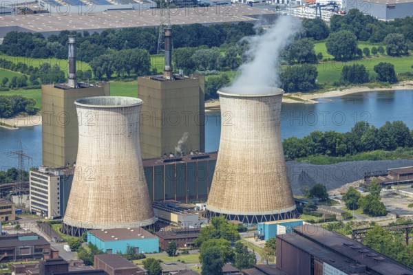 Aerial view, Hüttenwerke Krupp Mannesmann HKM and power station with two cooling towers, Hüttenheim, Duisburg, Ruhr area, North Rhine-Westphalia, Germany
