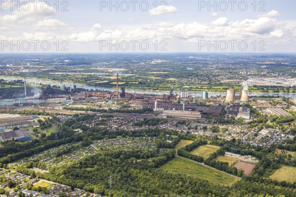 Aerial view, Hüttenwerke Krupp Mannesmann HKM, cooling towers, river Rhine and distant view to LSG Rheinhausen Friemersheim, Hüttenheim, Duisburg, Ruhr area, North Rhine-Westphalia, Germany
