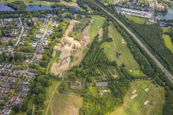 Aerial view, golf club and golf course Huckingen Südplatz, golf meadow and bunker, fallow land and below Haus Böckum medieval aristocratic residence, Huckingen, Duisburg, Ruhr area, North Rhine-Westphalia, Germany