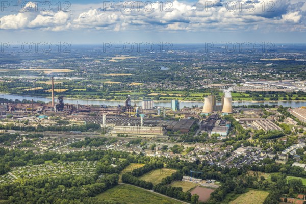 Aerial view, Hüttenwerke Krupp Mannesmann HKM, cooling towers, river Rhine and distant view to LSG Rheinhausen Friemersheim, Hüttenheim, Duisburg, Ruhr area, North Rhine-Westphalia, Germany