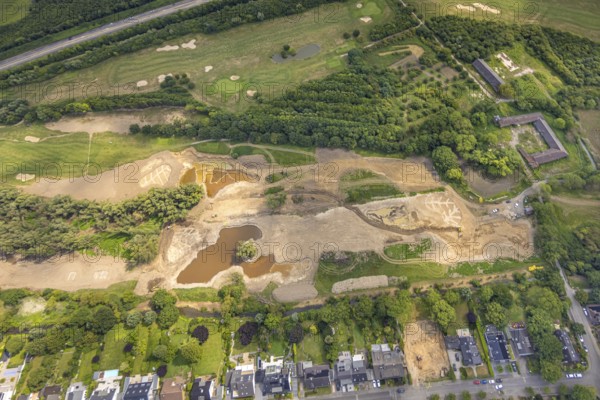 Aerial view, wasteland at the golf course Huckingen Südplatz, Haus Böckum medieval aristocratic residence, Huckingen, Duisburg, Ruhr area, North Rhine-Westphalia, Germany