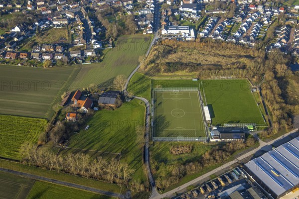 Aerial view, football stadium sports facility TuS Germania Lohauserholz-Daberg, Pelkum district, Hamm, Ruhr area, North Rhine-Westphalia, Germany