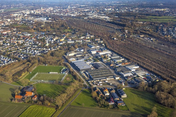 Aerial view, goods station, view of Daberg district with Schieferstraße industrial estate, TuS Germania Lohauserholz-Daberg football stadium, Pelkum district, Hamm, Ruhr area, North Rhine-Westphalia, Germany