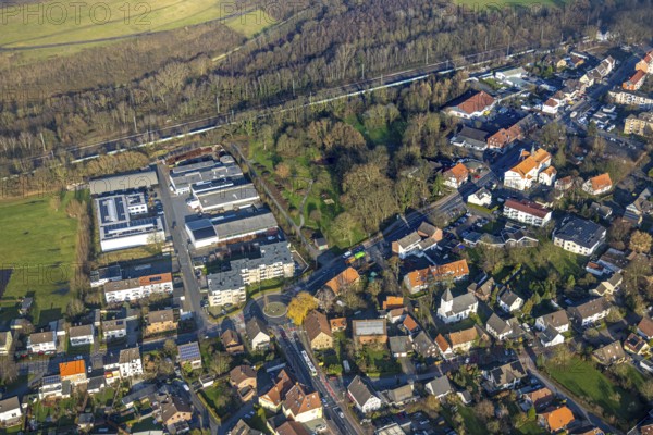 Aerial view, meadow area Am Damm, industrial estate Auf Börgers Hof, Pelkum district, Hamm, Ruhr area, North Rhine-Westphalia, Germany