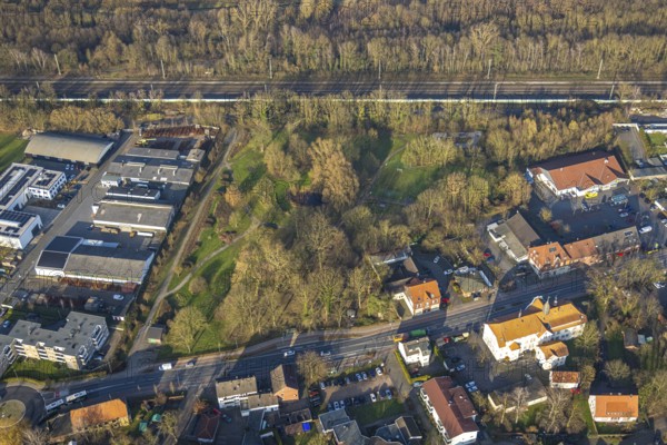 Aerial view, meadow area Am Damm, industrial estate Auf Börgers Hof, Pelkum district, Hamm, Ruhr area, North Rhine-Westphalia, Germany