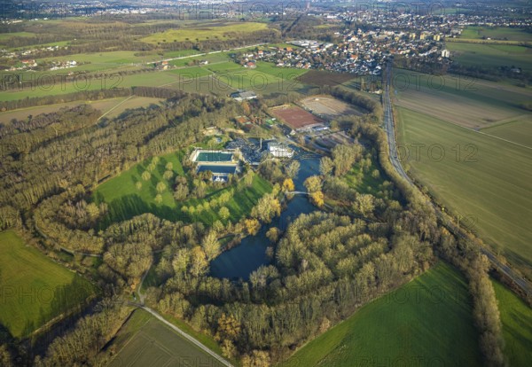 Aerial view, Selbachpark with hotel and sports facilities of 1. FC Pelkum e.V., Pelkum district, Hamm, Ruhr area, North Rhine-Westphalia, Germany