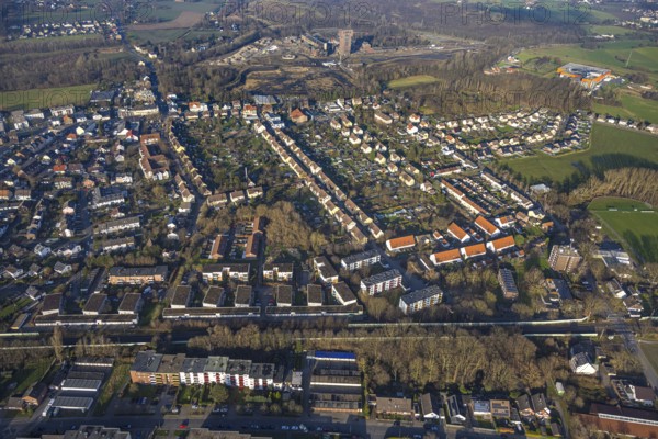 Aerial view, Wiescherhöfen housing estate is a miners' and colliery housing estate on Robertstraße, behind the hammerhead tower of the BErgwerk Ost Heinrich-Robert colliery, Pelkum district, Hamm, Ruhr area, North Rhine-Westphalia, Germany
