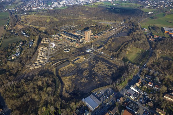 Aerial view, CreativRevier Hamm, hammerhead tower at the former Ost Heinrich Robert colliery, Herringen district, Hamm, Ruhr area, North Rhine-Westphalia, Germany