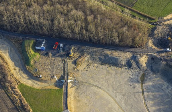 Aerial view, construction work on the flood retention basin near the Sundern slag heap, Pelkum district, Hamm, Ruhr area, North Rhine-Westphalia, Germany