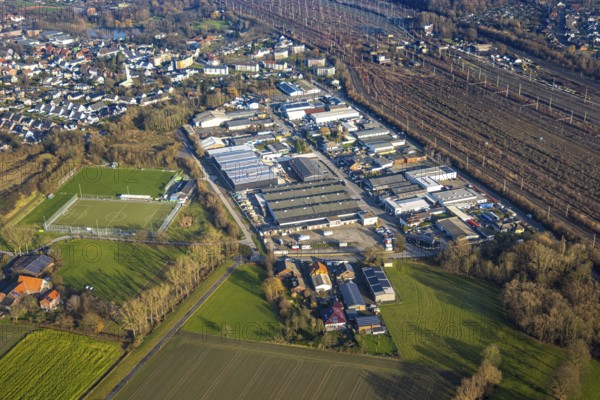 Aerial view, goods station, view of Daberg district with Schieferstraße industrial estate, TuS Germania Lohauserholz-Daberg sports centre, Pelkum district, Hamm, Ruhr area, North Rhine-Westphalia, Germany