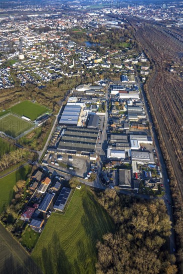 Aerial view, goods station, view of Daberg district with Schieferstraße industrial estate, TuS Germania Lohauserholz-Daberg sports centre, Pelkum district, Hamm, Ruhr area, North Rhine-Westphalia, Germany