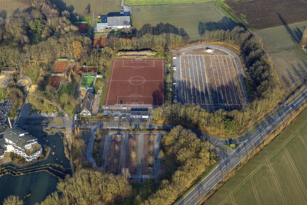 Aerial view, Selbachpark with hotel and sports facilities of 1. FC Pelkum e.V., Pelkum district, Hamm, Ruhr area, North Rhine-Westphalia, Germany
