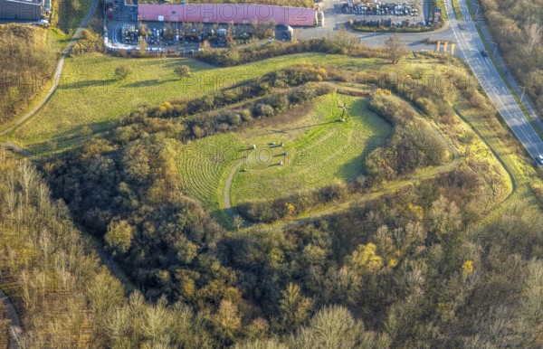 Aerial view, Panoramahalde Park and woodland with cross, Heessen district, Hamm, Ruhr area, North Rhine-Westphalia, Germany
