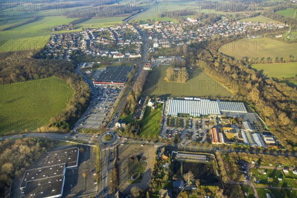 Aerial view, Planned commercial area Münsterstraße opposite Kaufland, north of the Bintig garden centre, Sachsenring and roundabout, Heessen district, Hamm, Ruhr area, North Rhine-Westphalia, Germany