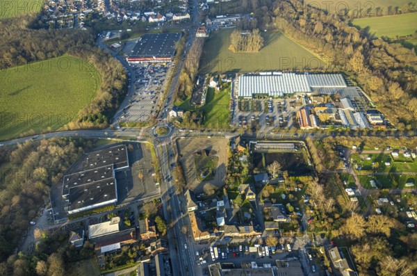 Aerial view, Planned commercial area Münsterstraße opposite Kaufland, north of the Bintig garden centre, Sachsenring and roundabout, Heessen district, Hamm, Ruhr area, North Rhine-Westphalia, Germany