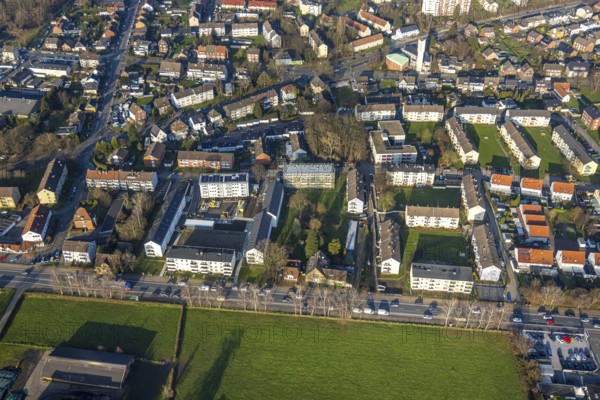 Aerial view, construction site with new residential buildings on Holstenstraße, Apostelkirche, Herringen district, Hamm, Ruhr area, North Rhine-Westphalia, Germany