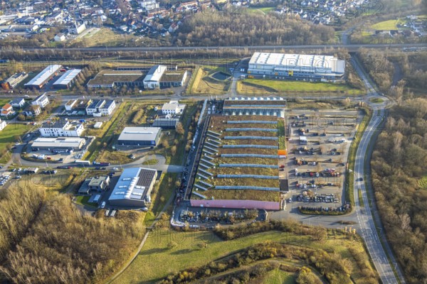 Aerial view, OBI Markt Hamm Bauamrkt with green roof, behind eurobahn GmbH & Co. KG - Hamm-Heessen workshop, A.H.G. Handelsgesellschaft für Haushaltswaren GmbH, Heessen district, Hamm, Ruhr area, North Rhine-Westphalia, Germany