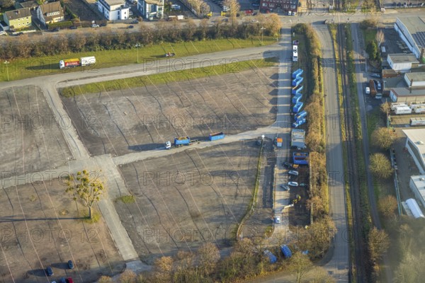Aerial view, lorry container site and bus parking area Zentralhallen Ökonomierat-Peitzmeier-Platz, Mitte, Hamm, Ruhr area, North Rhine-Westphalia, Germany