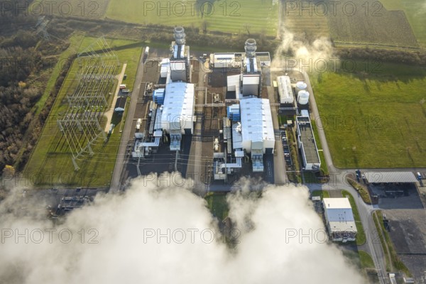 Aerial view, Trianel Gaskraftwerk Hamm GmbH with smoke clouds, Uentrop, Hamm, Ruhr area, North Rhine-Westphalia, Germany