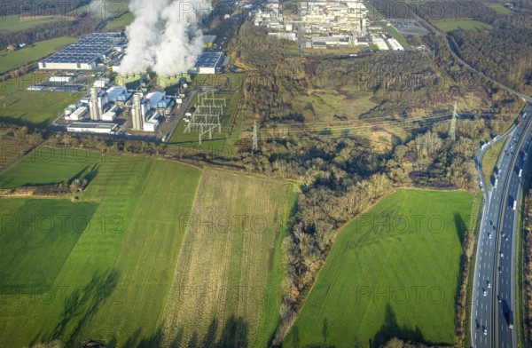 Aerial view, Trianel Gaskraftwerk Hamm GmbH with smoke clouds, Celanese plant Uentrop, motorway A2, Uentrop, Hamm, Ruhr area, North Rhine-Westphalia, Germany