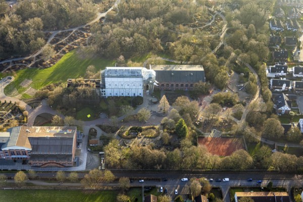 Aerial view, glass elephant in Maximilianpark leisure park, entrance area, Uentrop, Hamm, Ruhr area, North Rhine-Westphalia, Germany