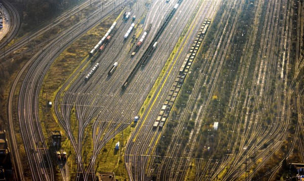 Aerial view, freight station with tracks in fog with backlight, Pelkum district, Hamm, Ruhr area, North Rhine-Westphalia, Germany