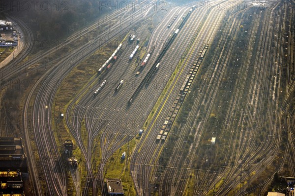 Aerial view, freight station with tracks in fog with backlight, Pelkum district, Hamm, Ruhr area, North Rhine-Westphalia, Germany