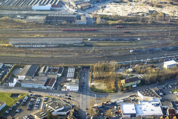 Aerial view, brownfield site at the intersection of Schwarzer Weg and Alleestraße, goods station tracks, centre, Hamm, Ruhr area, North Rhine-Westphalia, Germany