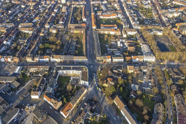 Aerial view, residential area and construction site with new residential building on the corner of Alleestraße and Richard-Wagner-Straße, centre, Hamm, Ruhr area, North Rhine-Westphalia, Germany