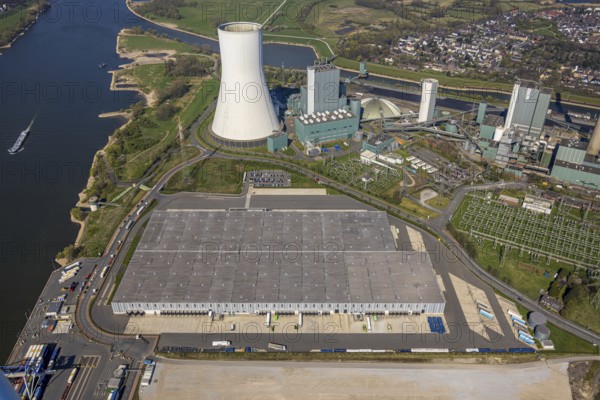 Aerial view, Duisburg-Nord, duisport logport VI Walsum, logport 6, STEAG Walsum power plant on the Rhine, Alt-Walsum, Duisburg, Ruhr area, North Rhine-Westphalia, Germany