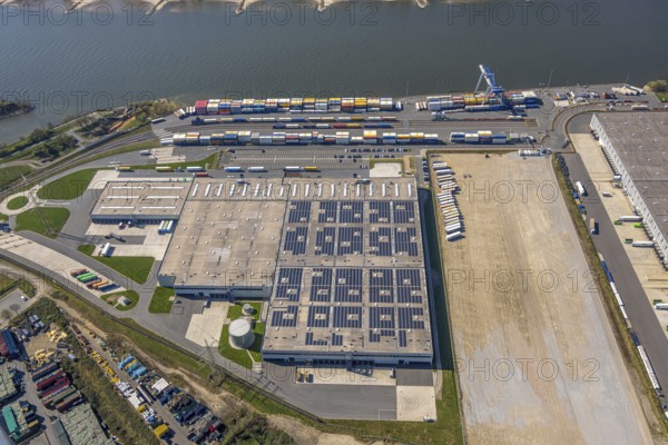 Aerial view, Duisburg-Nord, duisport logport VI Walsum on the river Rhine, container loading station, Alt-Walsum, Duisburg, Ruhr area, North Rhine-Westphalia, Germany