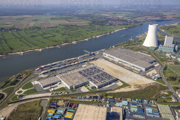 Aerial view, Duisburg-Nord, duisport logport VI Walsum, logport 6, STEAG power plant Walsum on the river Rhine, Rhine meadow and view to Rheinberg-Orsoy, Alt-Walsum, Duisburg, Ruhr area, North Rhine-Westphalia, Germany