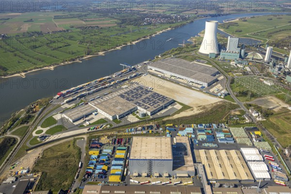 Aerial view, Duisburg-Nord, duisport logport VI Walsum, logport 6, STEAG power plant Walsum on the river Rhine, Rhine meadow and view to Rheinberg-Orsoy, Alt-Walsum, Duisburg, Ruhr area, North Rhine-Westphalia, Germany