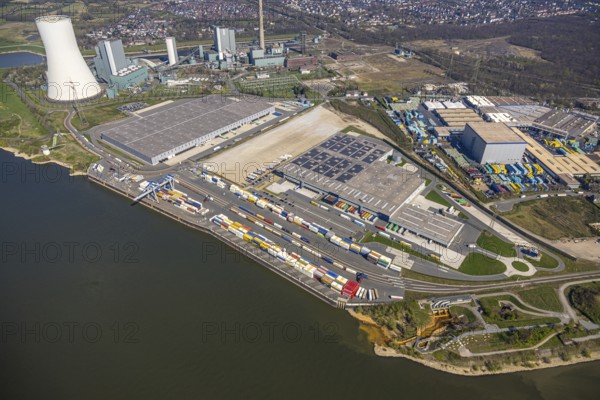 Aerial view, Duisburg-Nord, duisport logport VI Walsum, logport 6, STEAG Walsum power plant on the Rhine, Alt-Walsum, Duisburg, Ruhr area, North Rhine-Westphalia, Germany
