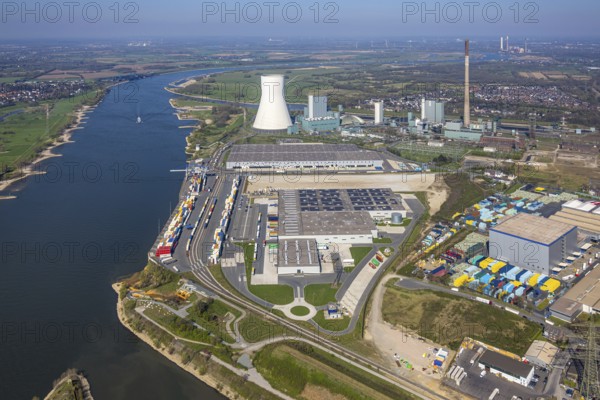 Aerial view, Duisburg-Nord, duisport logport VI Walsum, logport 6, STEAG Walsum power plant on the Rhine, Alt-Walsum, Duisburg, Ruhr area, North Rhine-Westphalia, Germany