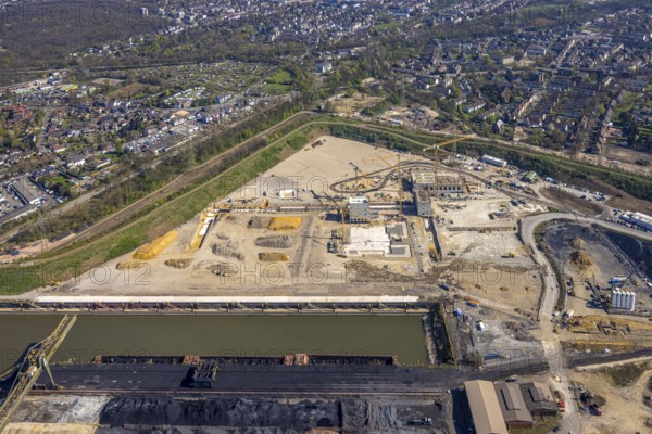 Aerial view, construction area with building site at the southern harbour, direct reduction plant planned by Thyssenkrupp, Fahrn, Duisburg, Ruhr area, North Rhine-Westphalia, Germany