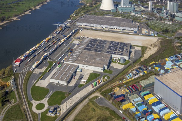 Aerial view, Duisburg-Nord, duisport logport VI Walsum, logport 6, STEAG Walsum power plant on the Rhine, Alt-Walsum, Duisburg, Ruhr area, North Rhine-Westphalia, Germany