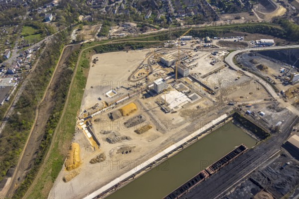 Aerial view, construction area with building site at the southern harbour, direct reduction plant planned by Thyssenkrupp, Fahrn, Duisburg, Ruhr area, North Rhine-Westphalia, Germany