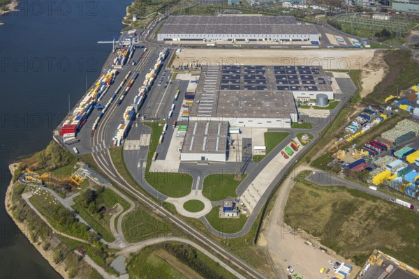 Aerial view, Duisburg-Nord, duisport logport VI Walsum on the river Rhine, Alt-Walsum, Duisburg, Ruhr area, North Rhine-Westphalia, Germany