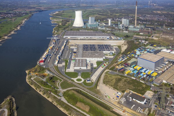 Aerial view, Duisburg-Nord, duisport logport VI Walsum, logport 6, STEAG Walsum power plant on the Rhine, Alt-Walsum, Duisburg, Ruhr area, North Rhine-Westphalia, Germany