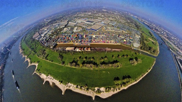 Aerial view, duisport harbour, logport I Rheinhausen, logport 1, container harbour, Duisburg harbour D3T Duisburg Trimodal Terminal, automobile logistics, globe, fisheye image, 360 degree image, tiny world, little planet, fisheye image, Hüttenheim, Duisburg, Ruhr area, North Rhine-Westphalia, Germany
