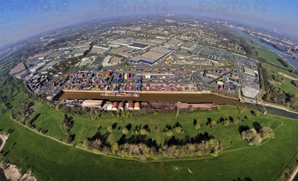 Aerial view, duisport harbour, logport I Rheinhausen, logport 1, container harbour, Duisburg harbour D3T Duisburg Trimodal Terminal, automobile logistics, globe, fisheye image, 360 degree image, tiny world, little planet, fisheye image, Hüttenheim, Duisburg, Ruhr area, North Rhine-Westphalia, Germany