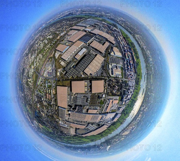Aerial view, duisport harbour, logport I Rheinhausen, logport 1, container harbour, Duisburg harbour D3T Duisburg Trimodal Terminal, automobile logistics, globe, fisheye image, 360 degree image, tiny world, little planet, fisheye image, Hüttenheim, Duisburg, Ruhr area, North Rhine-Westphalia, Germany