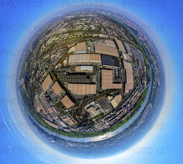 Aerial view, duisport harbour, logport I Rheinhausen, logport 1, container harbour, Duisburg harbour D3T Duisburg Trimodal Terminal, automobile logistics, globe, fisheye image, 360 degree image, tiny world, little planet, fisheye image, Hüttenheim, Duisburg, Ruhr area, North Rhine-Westphalia, Germany
